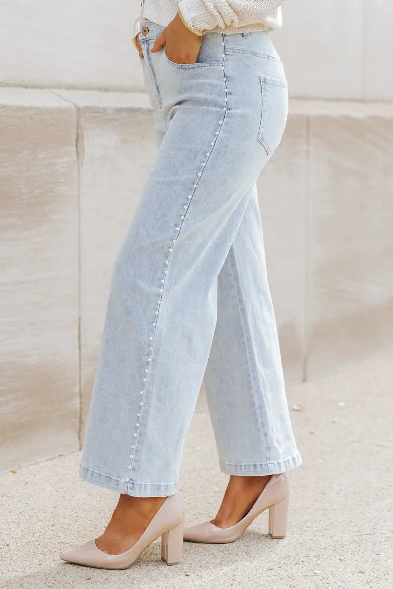 Light Wash Pearl Detail Cropped Jeans - DOORBUSTER