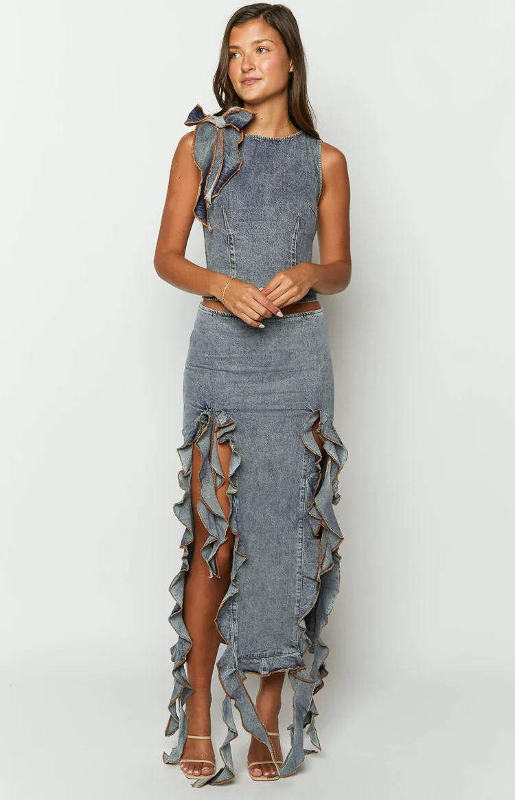 Lioness Rendezvous Faded Denim Maxi Skirt