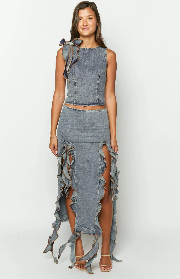 Lioness Rendezvous Faded Denim Maxi Skirt