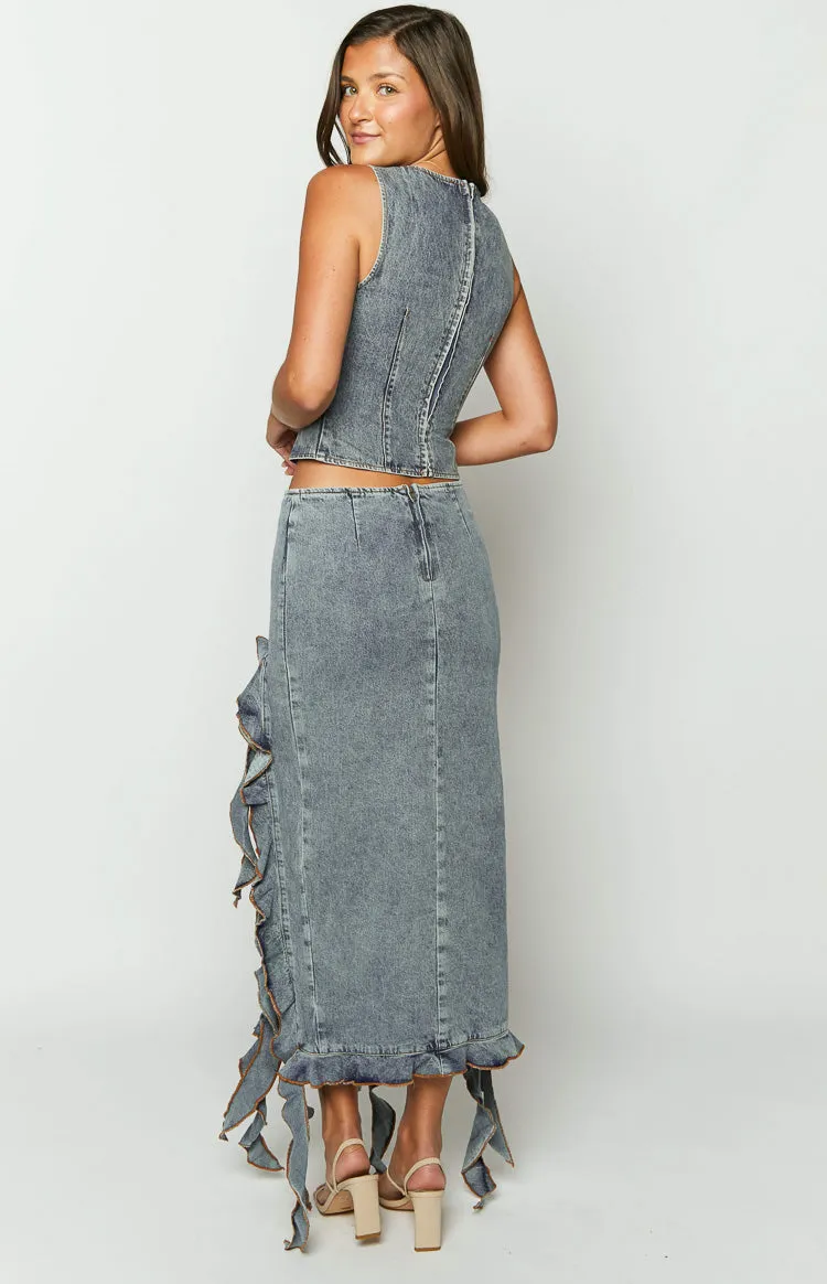 Lioness Rendezvous Faded Denim Maxi Skirt