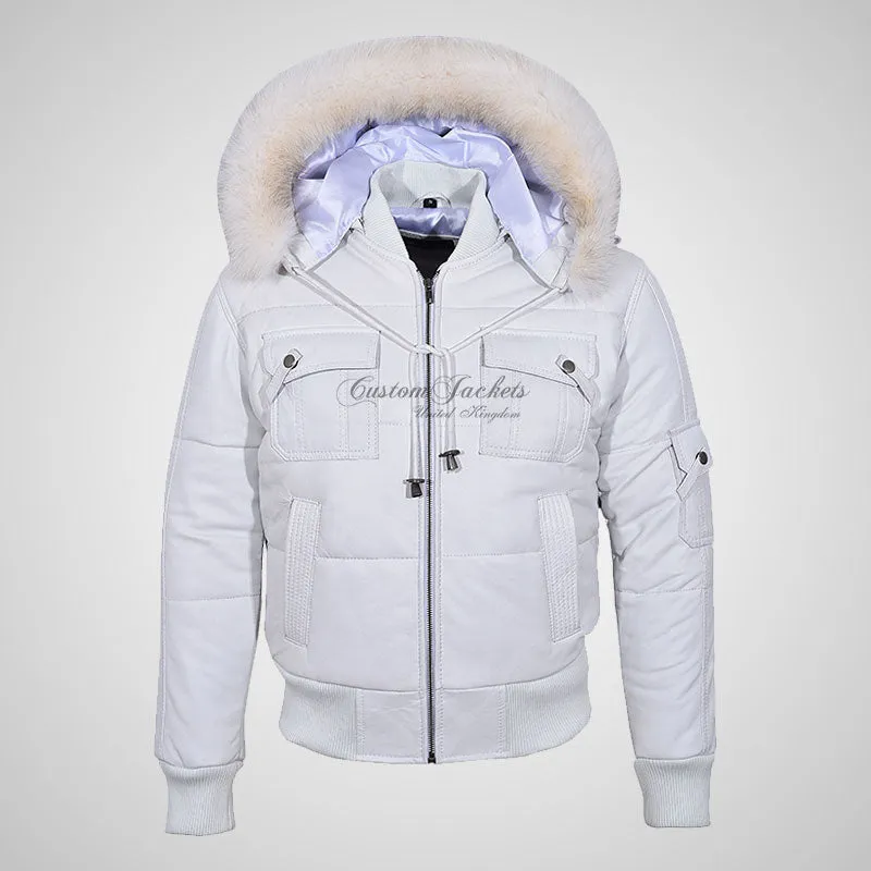 LOCKHEED Men Puffer Padded Bomber Leather Jacket with Removable Fur Hood