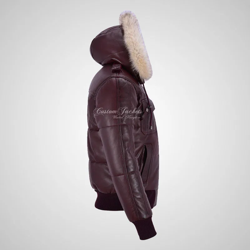 LOCKHEED Men Puffer Padded Bomber Leather Jacket with Removable Fur Hood