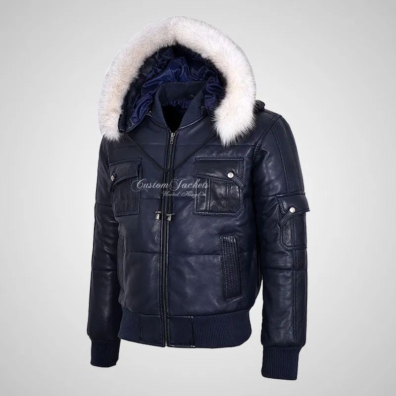 LOCKHEED Men Puffer Padded Bomber Leather Jacket with Removable Fur Hood