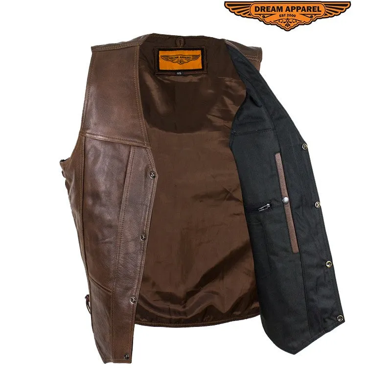 Mens 10 Pocket Brown Motorcycle Leather Vest