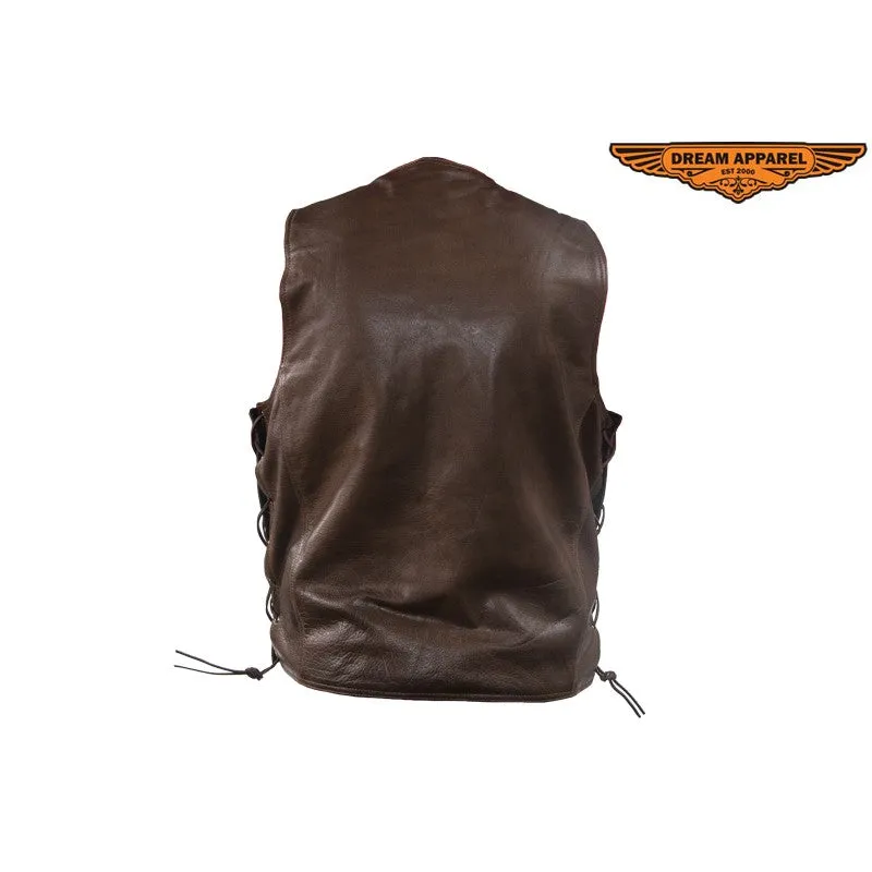 Mens 10 Pocket Brown Motorcycle Leather Vest