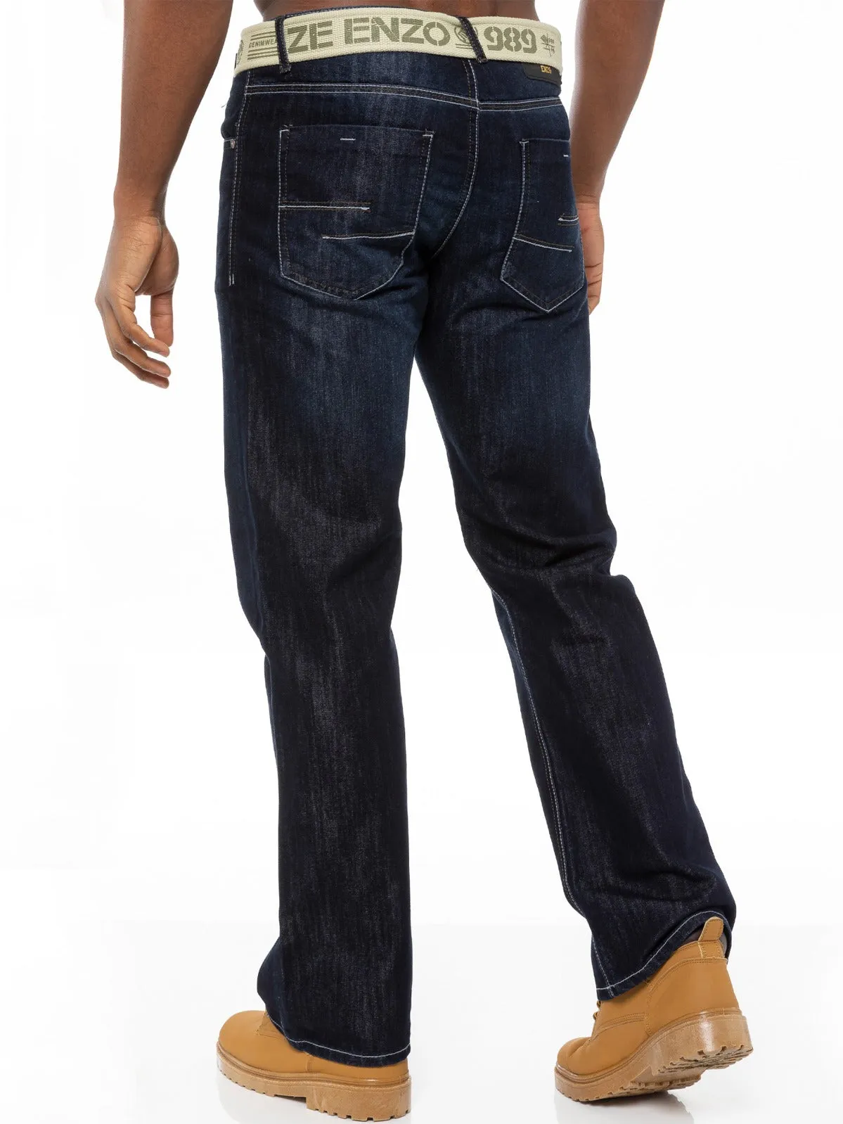 Mens Dark Blue Jeans with Belt EZ14 | Enzo Designer Menswear