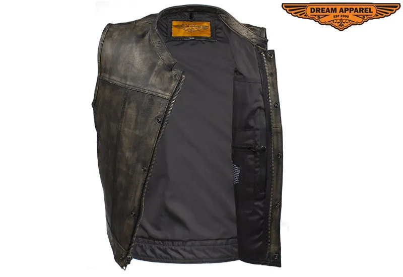 Mens Distressed Brown Leather Motorcycle Club Vest