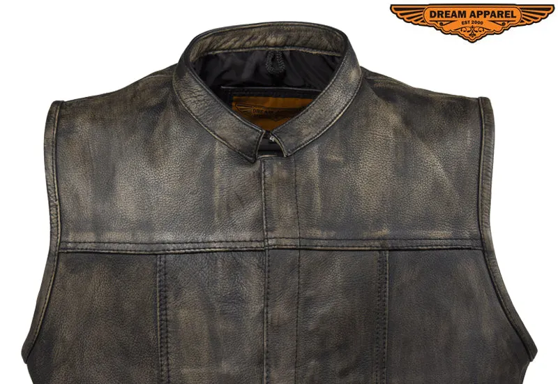 Mens Distressed Brown Leather Motorcycle Club Vest