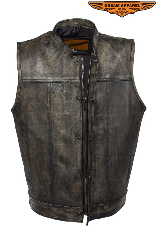 Mens Distressed Brown Leather Motorcycle Club Vest