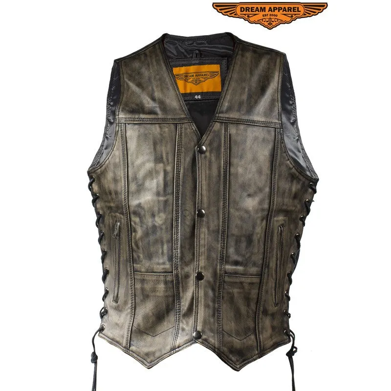 Men's Distressed Brown Motorcycle Vest With 10 Pockets