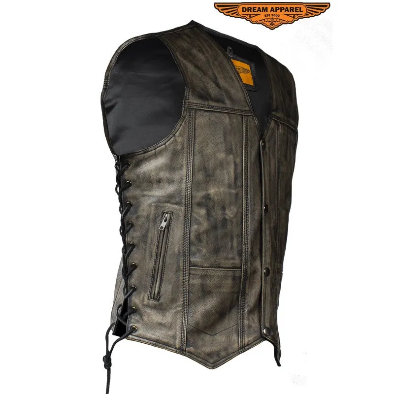 Men's Distressed Brown Motorcycle Vest With 10 Pockets