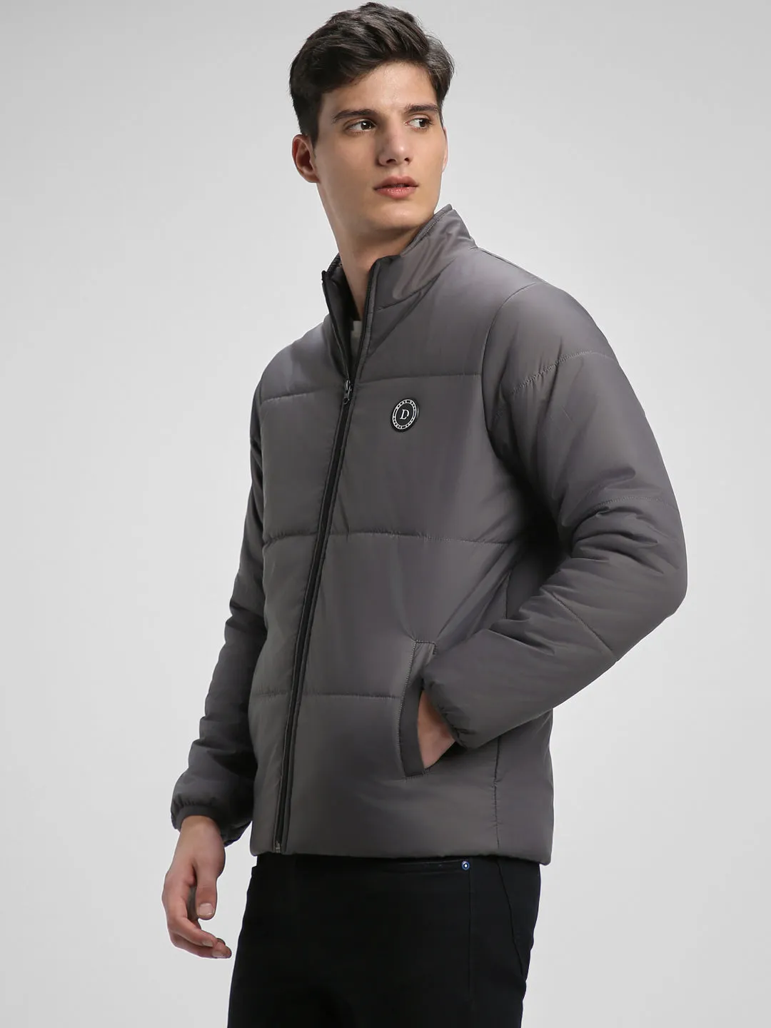 Men's High Neck Regular Fit Solid Dark Grey Jackets