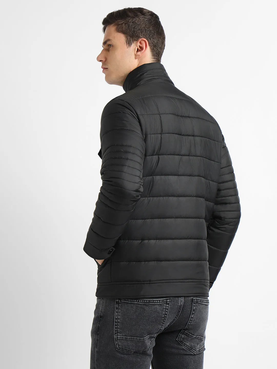 Men's High Neck Regular Fit Solid With Patch Pocket Black Jackets