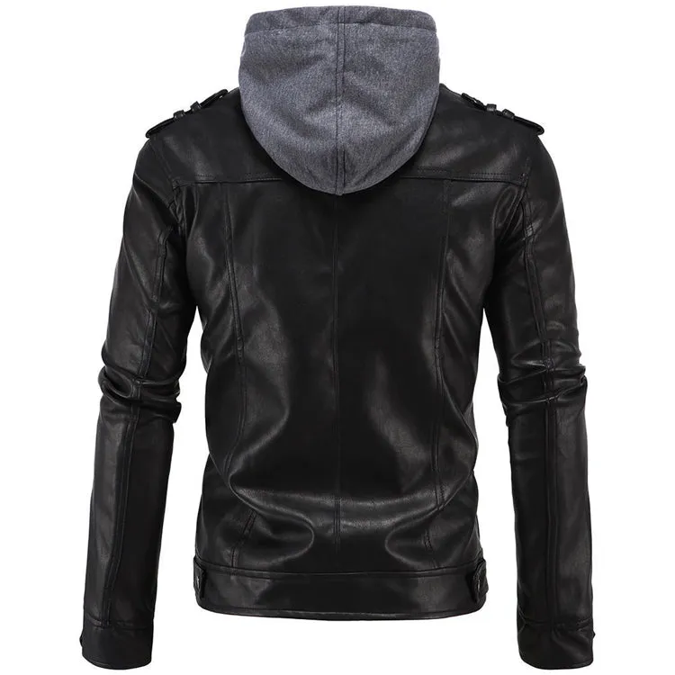 Men's Motorcycle Brando Style Biker Leather Jacket with Hood