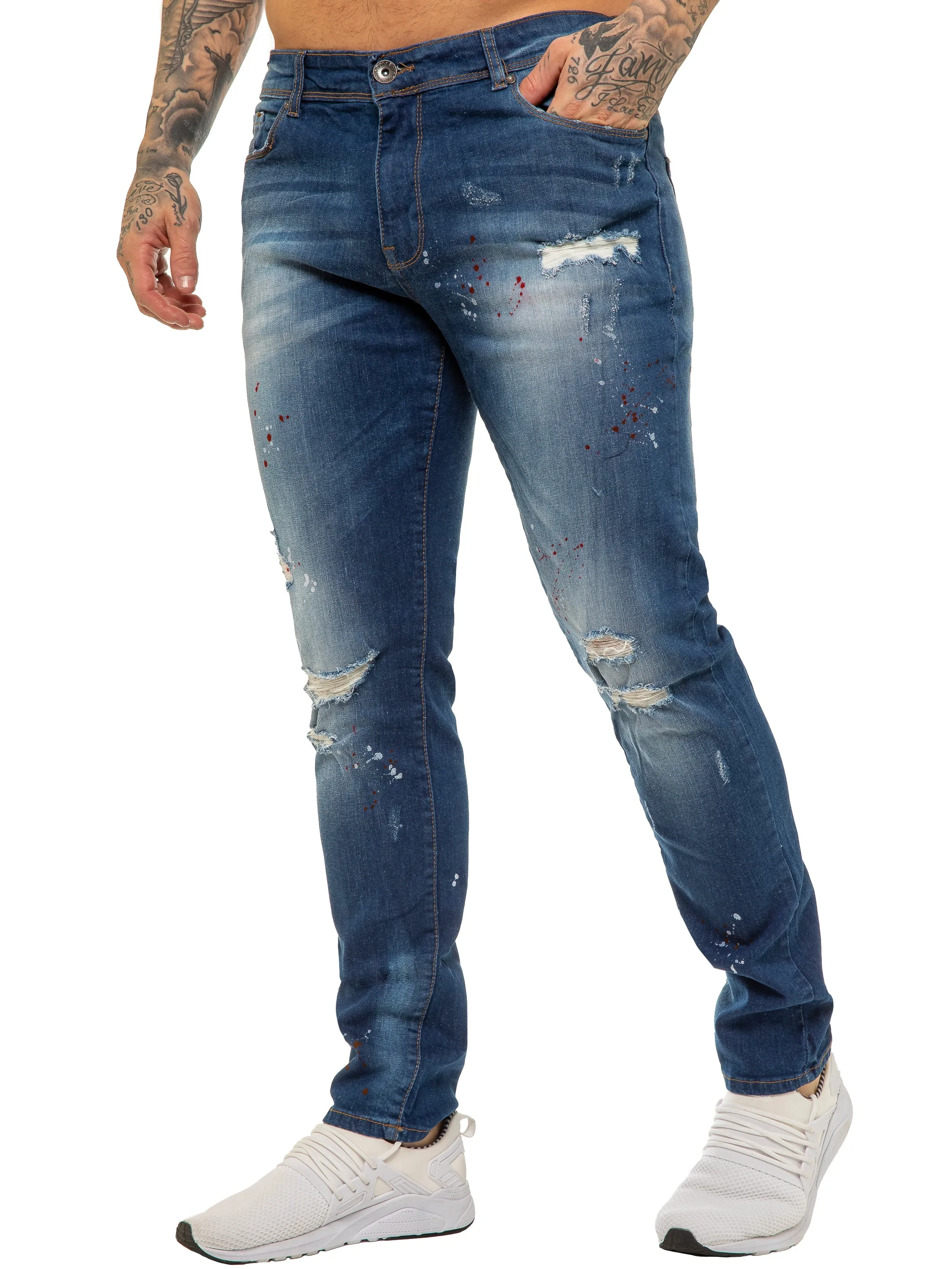 Mens Skinny Ripped Splash Jeans Stretch Denim | Enzo Designer Menswear