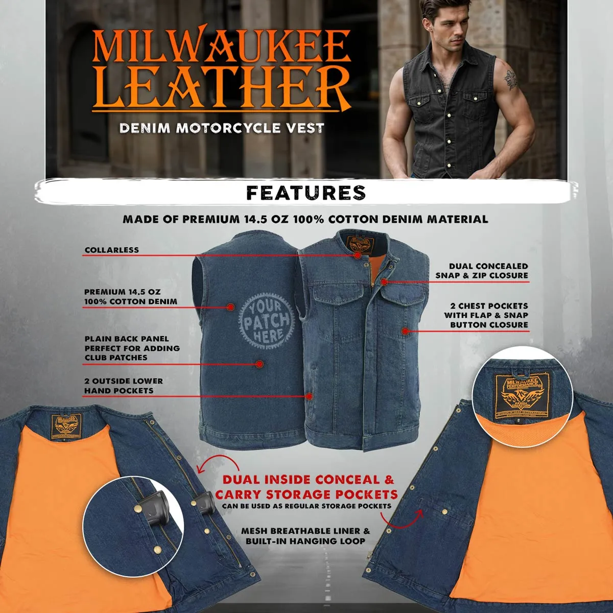 Milwaukee Leather MDM3001 Men's 'Covert' Blue Denim Collarless Club Style Motorcycle Biker Vest w/ Dual Closure