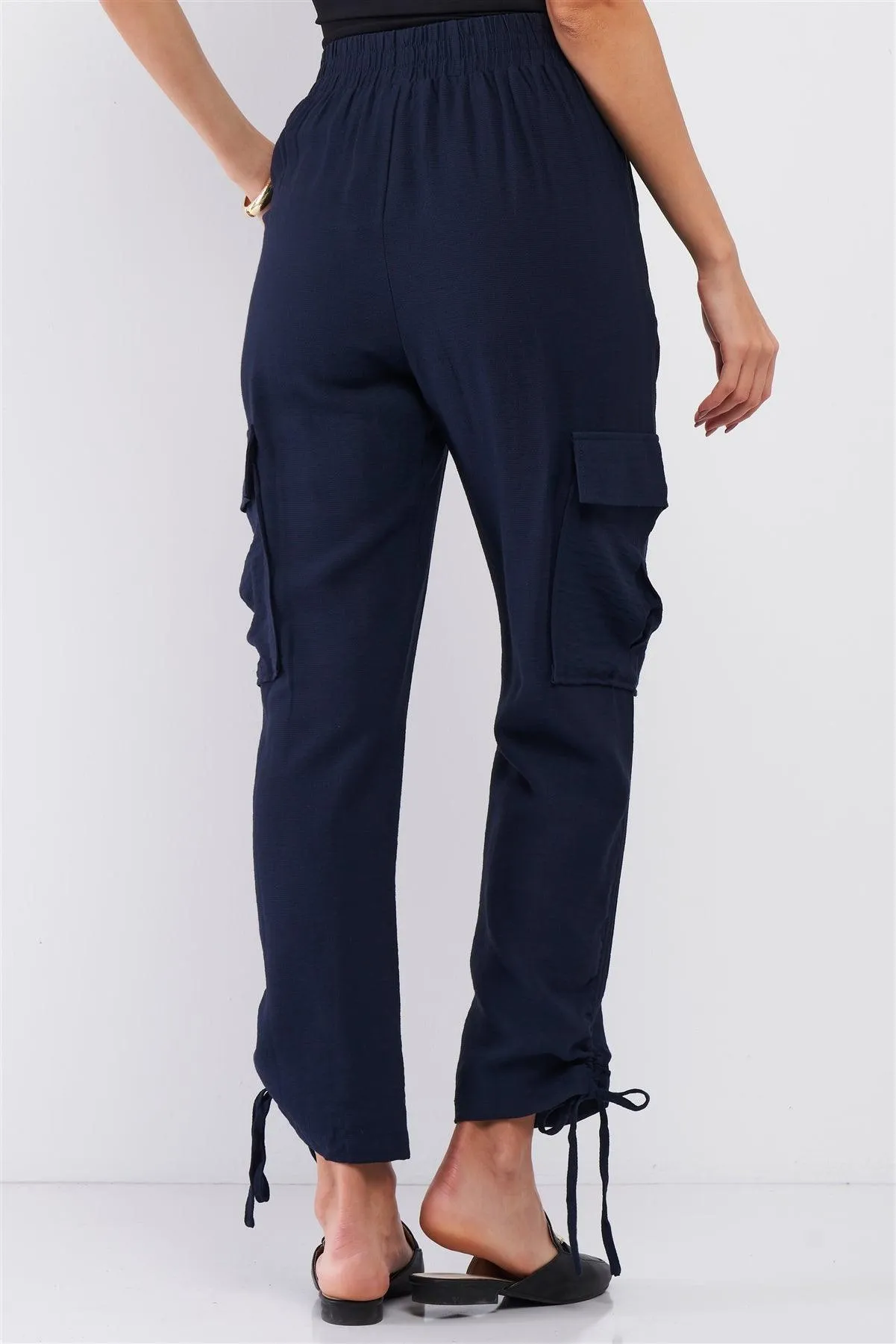 Navy Elastic Draw String Tie High Waist Two Side Leg Pockets Self-Tie Bottom Drawstring Jogger Pants /2-2-2