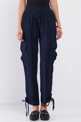 Navy Elastic Draw String Tie High Waist Two Side Leg Pockets Self-Tie Bottom Drawstring Jogger Pants /2-2-2