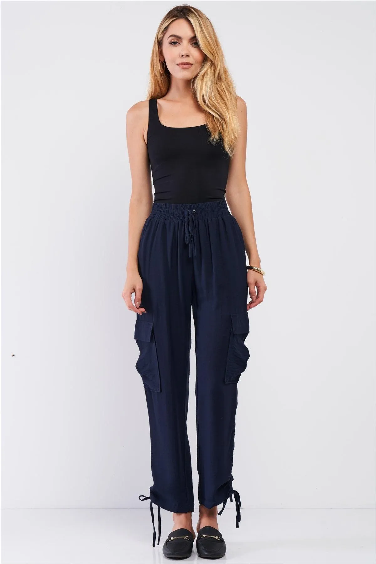 Navy Elastic Draw String Tie High Waist Two Side Leg Pockets Self-Tie Bottom Drawstring Jogger Pants /2-2-2