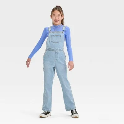 New - Girls' Denim Utility Overalls - art class Light Indigo Blue Wash M