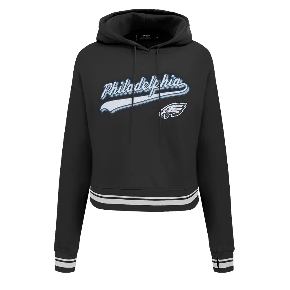 NFL PHILADELPHIA EAGLES SCRIPT TAIL WOMEN'S RIB FLC CROPPED PO HOODIE (BLACK)