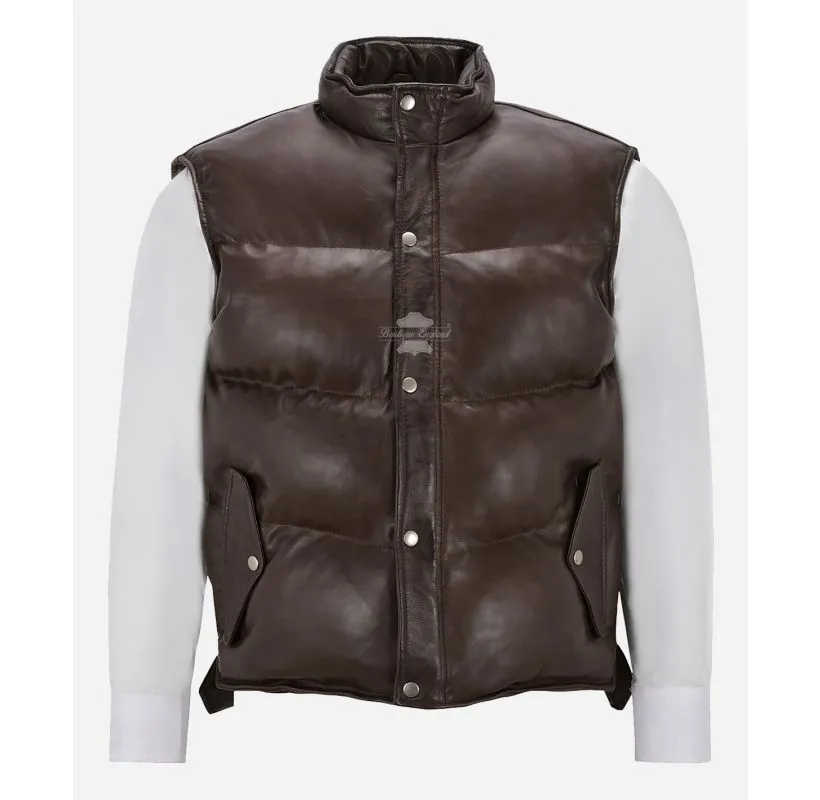 NITROGEN Mens Puffer Gilet Leather Sleeveless Padded Jacket