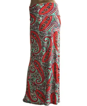 Paisley Red Aqua Foldover Maxi Skirt