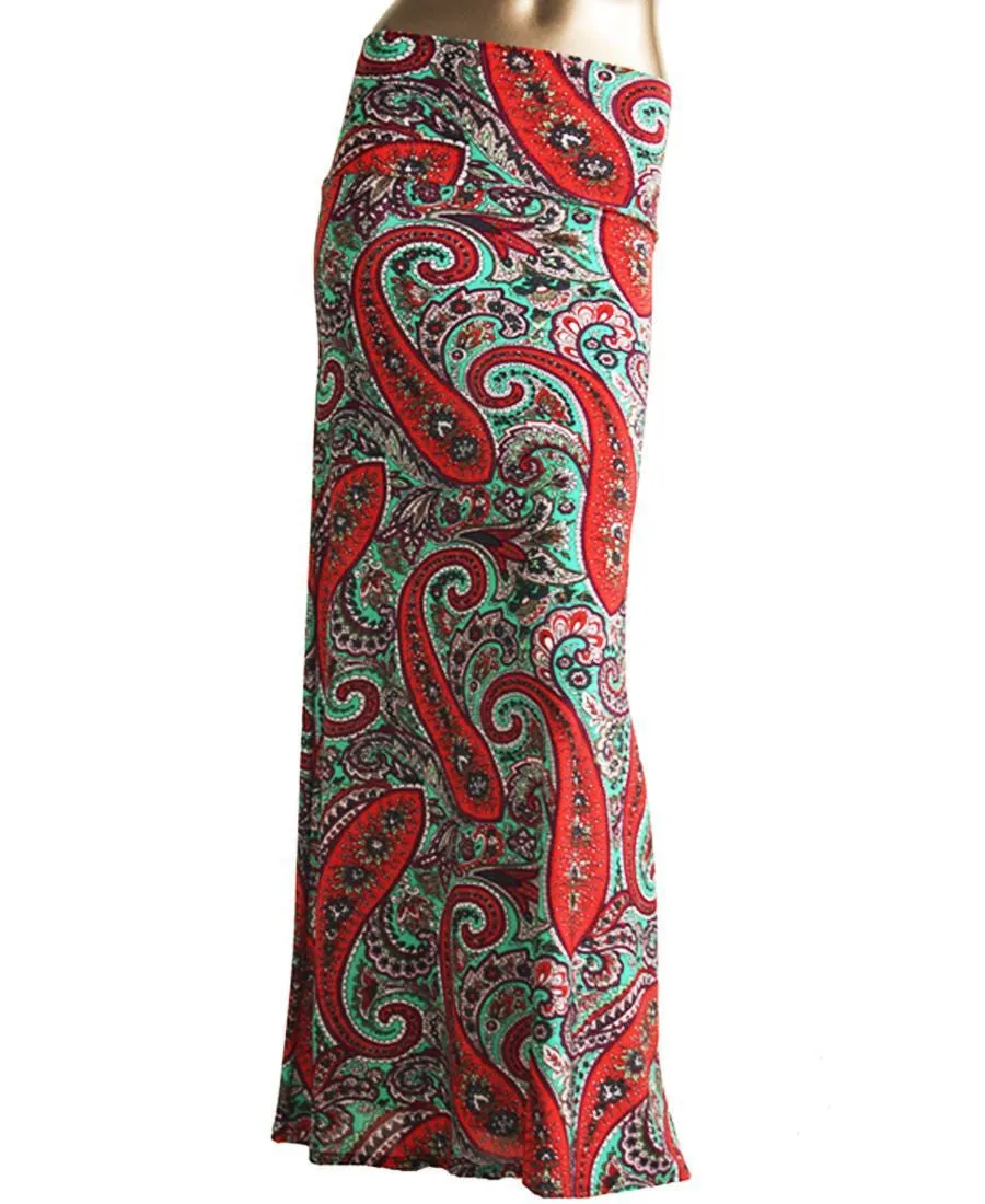 Paisley Red Aqua Foldover Maxi Skirt