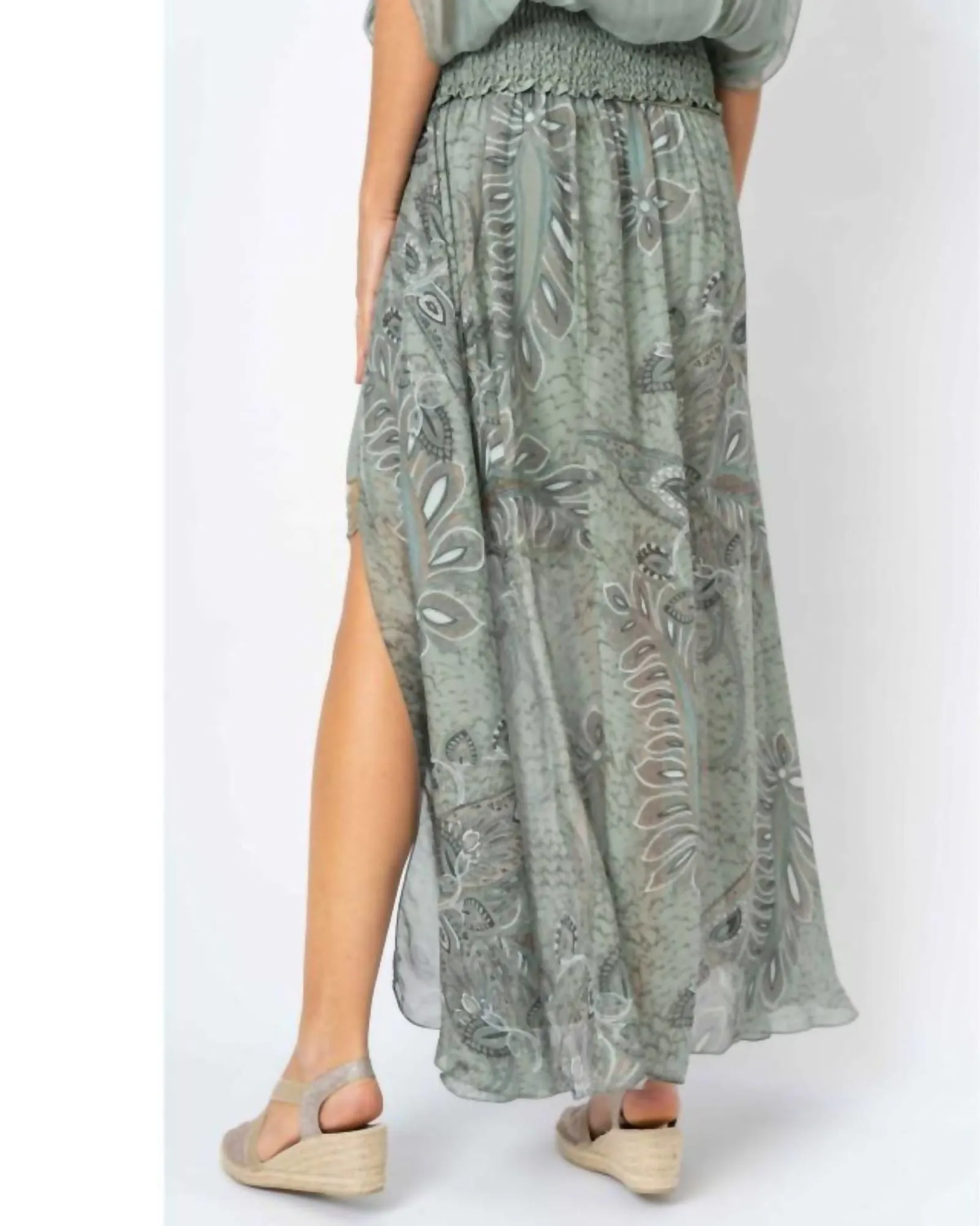 Palm Leaf Print Long Skirt In Olive | Olive