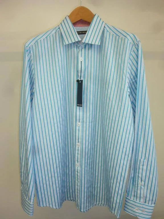 Park West 5509 Men's Teal Straddler Satin Stripe Dress Shirt