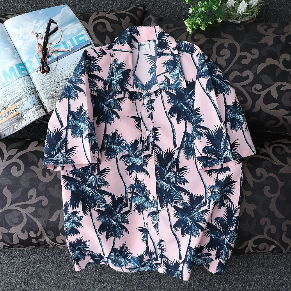 Pink Hawaiian Beach Short Sleeve Shirt Men Summer Fashion Shirts