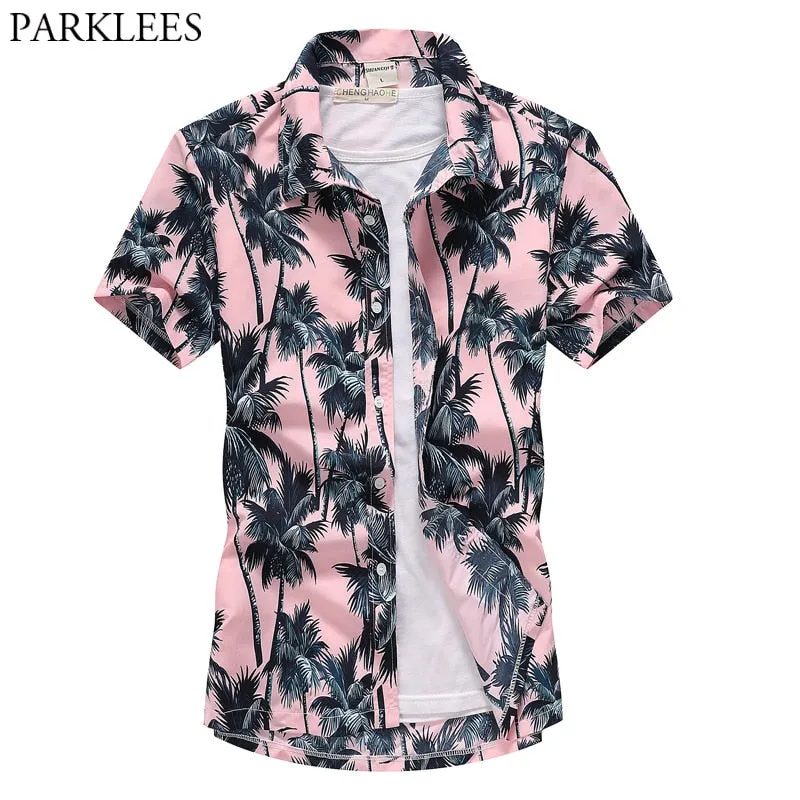 Pink Hawaiian Beach Short Sleeve Shirt Men Summer Fashion Shirts