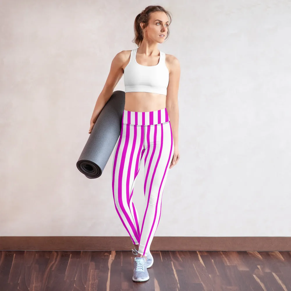 Pink White Stripes Yoga Leggings, Vertically Striped Women's Long Workout Tights-Made in USA/EU