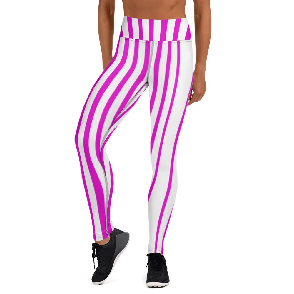 Pink White Stripes Yoga Leggings, Vertically Striped Women's Long Workout Tights-Made in USA/EU