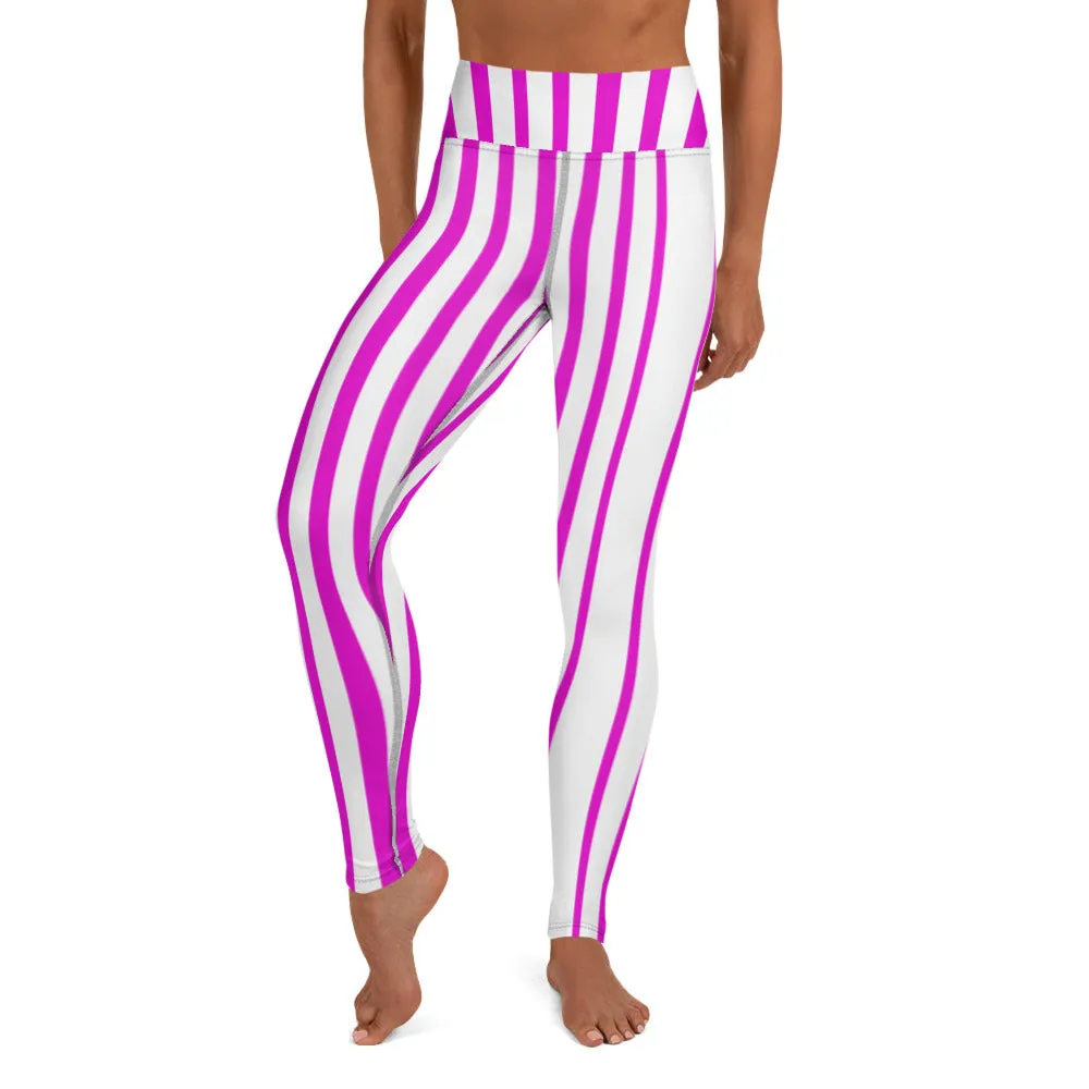 Pink White Stripes Yoga Leggings, Vertically Striped Women's Long Workout Tights-Made in USA/EU