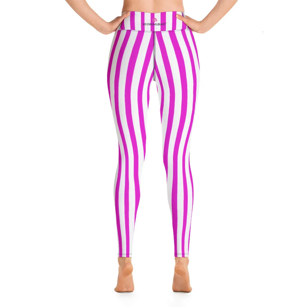 Pink White Stripes Yoga Leggings, Vertically Striped Women's Long Workout Tights-Made in USA/EU