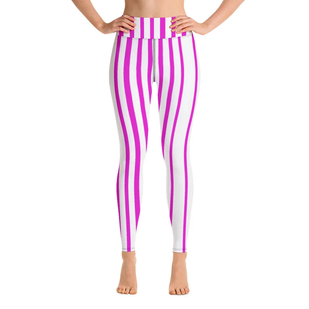 Pink White Stripes Yoga Leggings, Vertically Striped Women's Long Workout Tights-Made in USA/EU