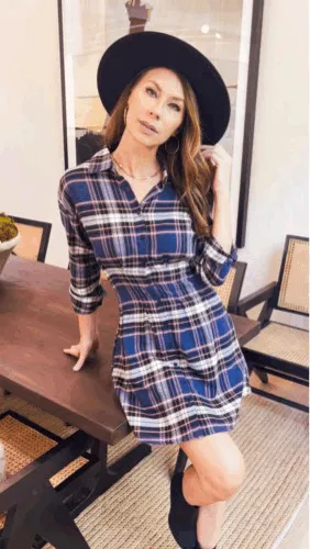 Plaid Button Down Fitted Mini Shirt Dress with Spread Collar and Tabbed Long Sleeves (4726DY)