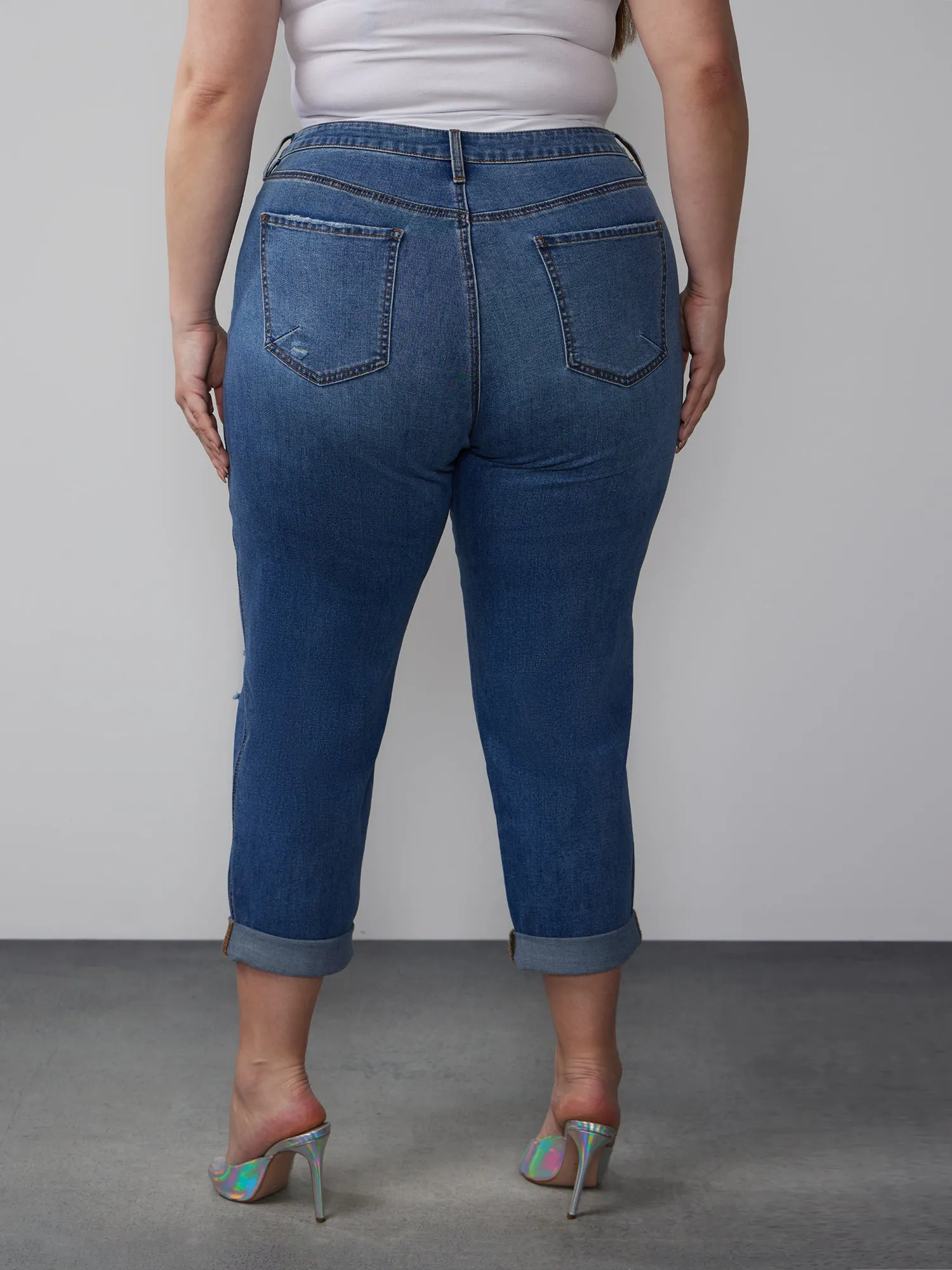 Plus Curvy Mid Rise Destroyed Jeans