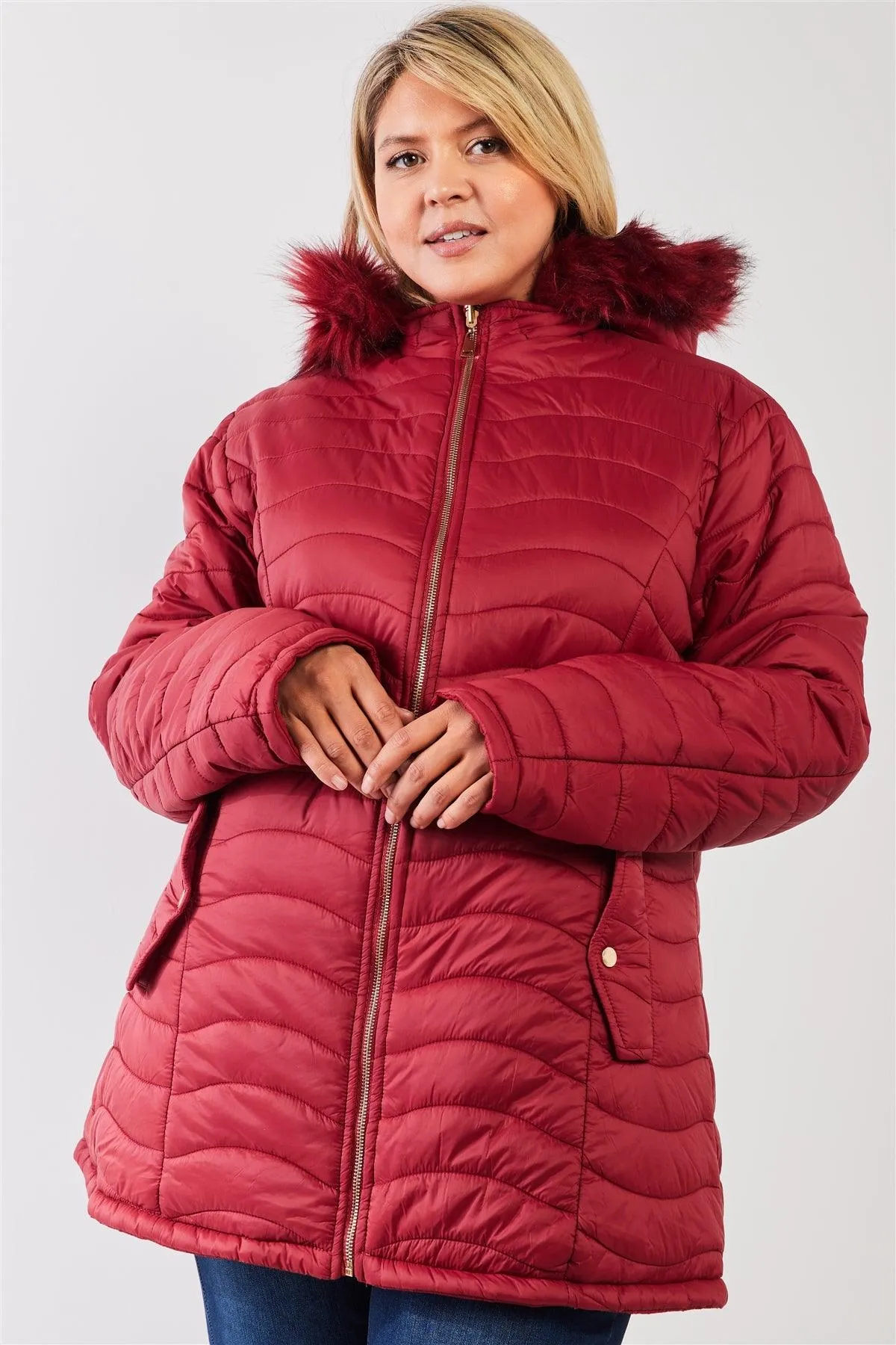 Plus Size Red Reversible Vegan Fur Cotton Puffer Jacket