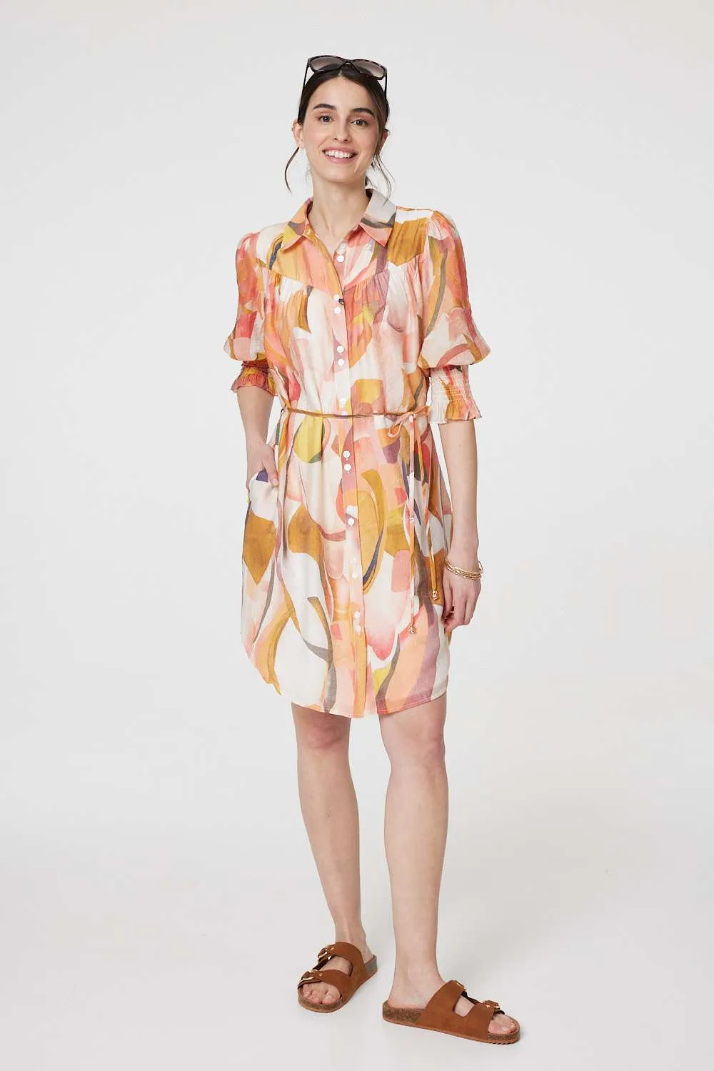 Printed 3/4 Puff Sleeve Shirt Dress