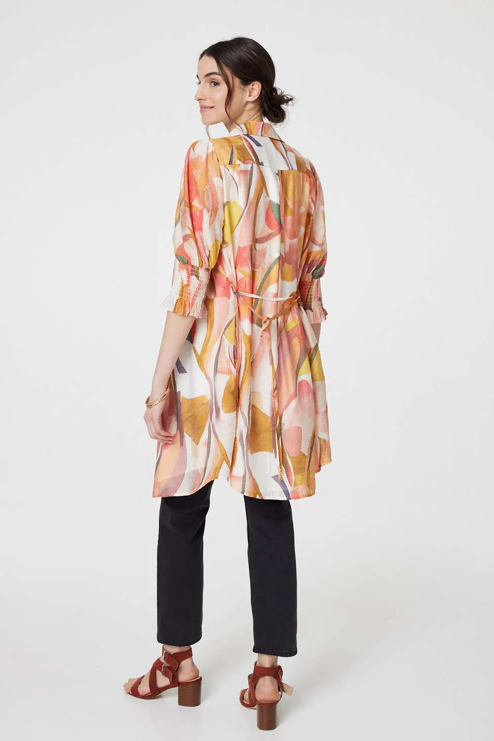 Printed 3/4 Puff Sleeve Shirt Dress