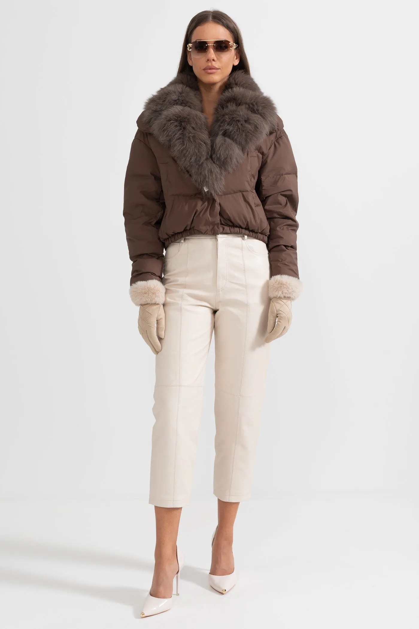 Puffer Jacket With Brown Fox Fur-Lined Hood - Brown