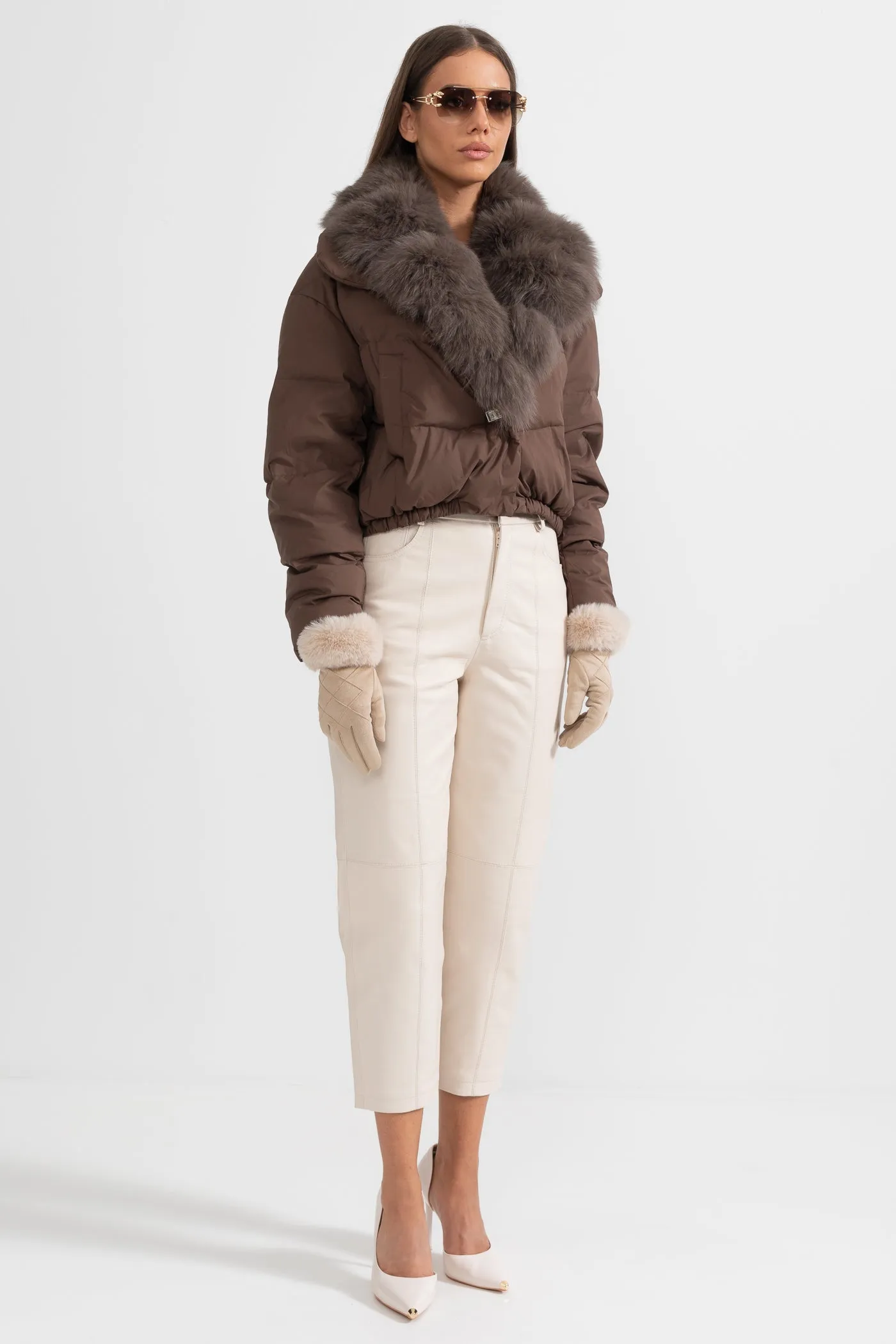 Puffer Jacket With Brown Fox Fur-Lined Hood - Brown