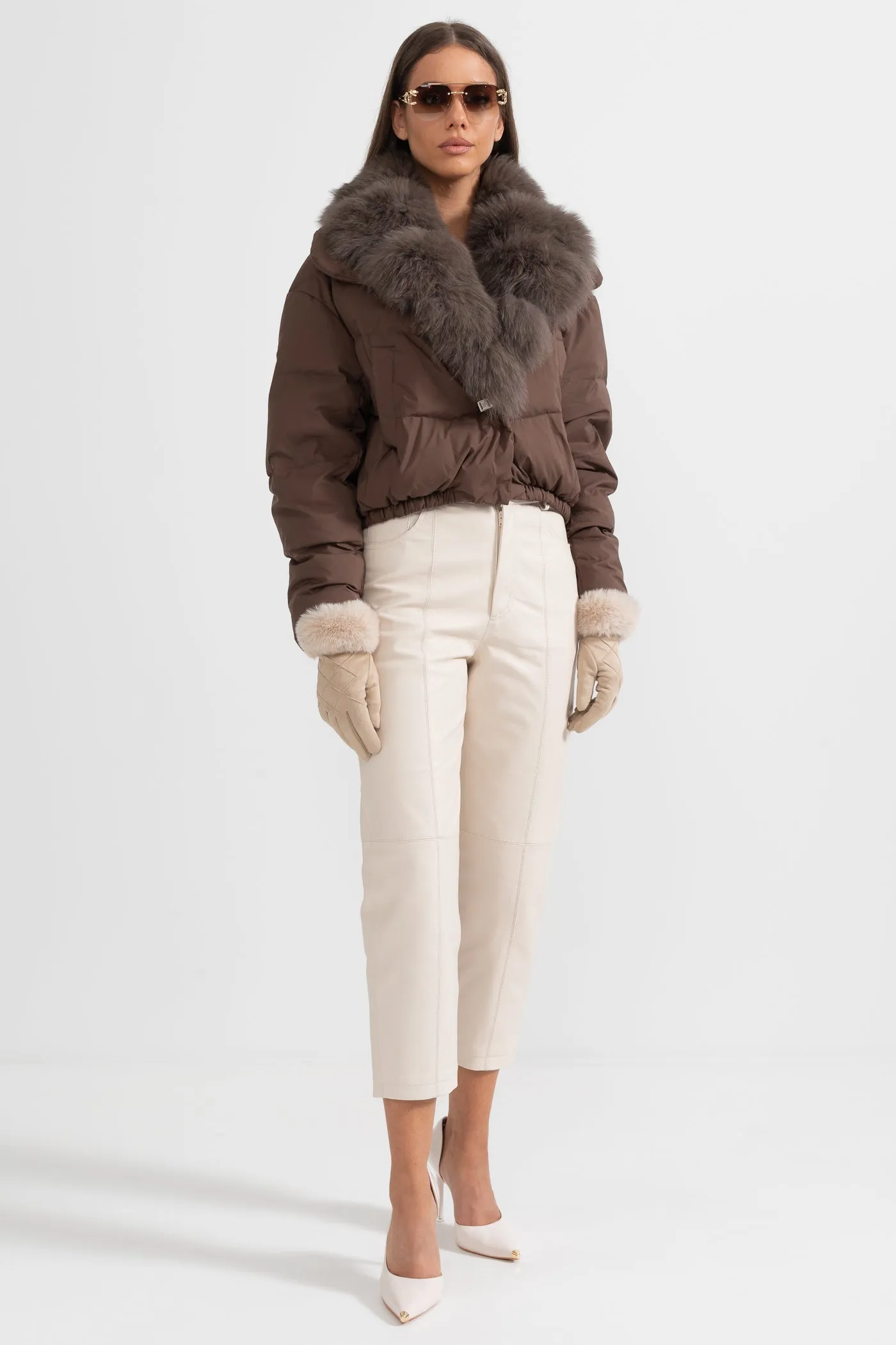 Puffer Jacket With Brown Fox Fur-Lined Hood - Brown