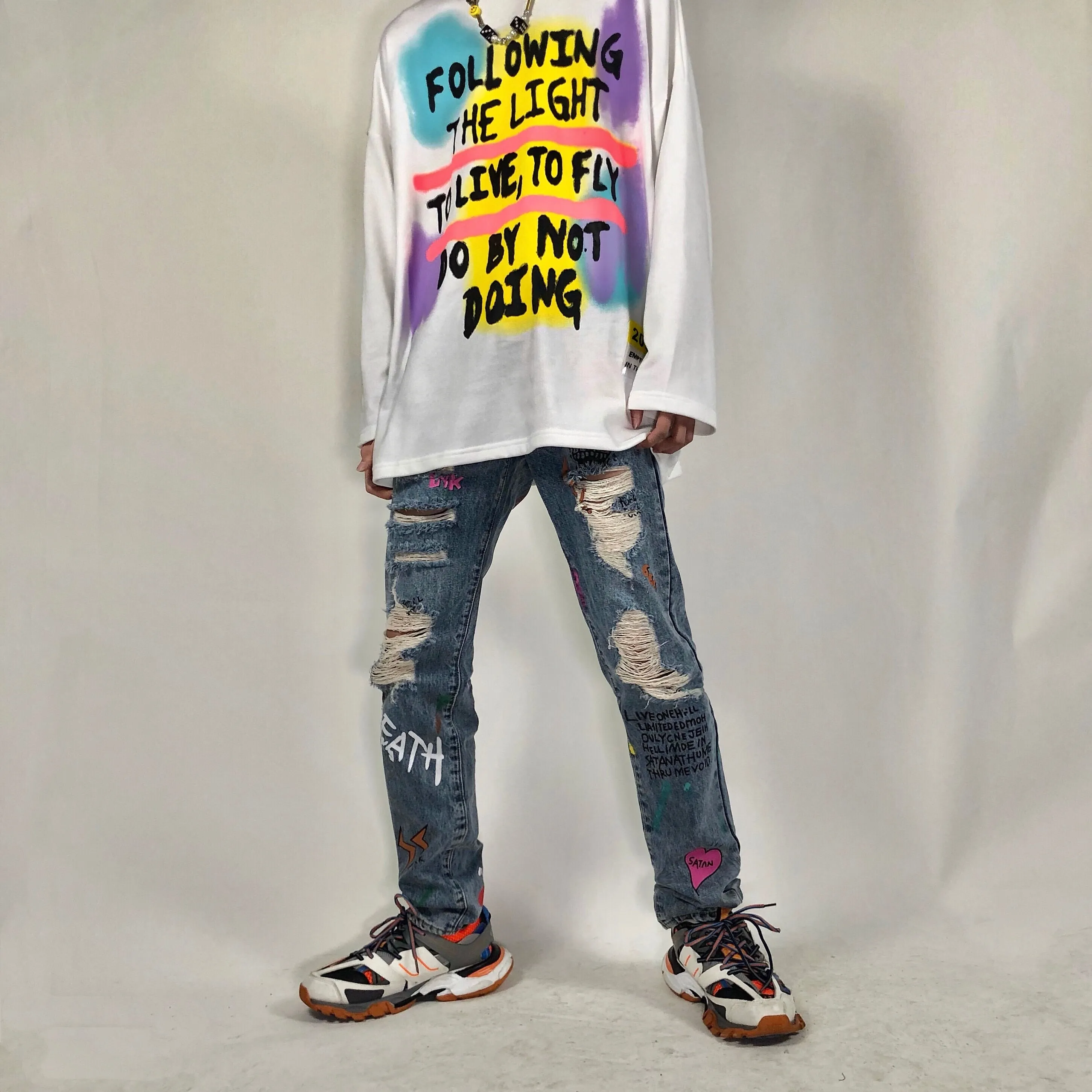 Punk Graffiti Style Printed Men Distressed Jeans