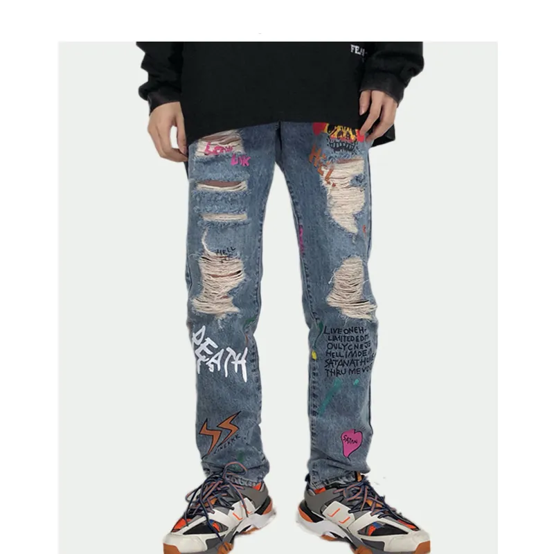 Punk Graffiti Style Printed Men Distressed Jeans