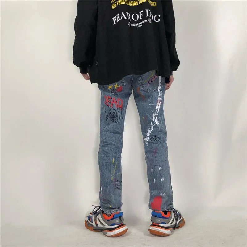 Punk Graffiti Style Printed Men Distressed Jeans