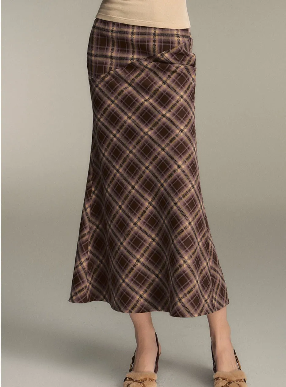 Retro Brown Check Long Mermaid Skirt