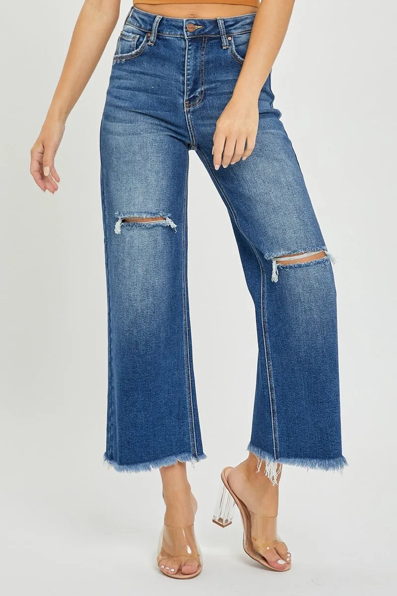 Risen Jeans -High Rise Frayed Ankle Wide Jeans - RDP5511